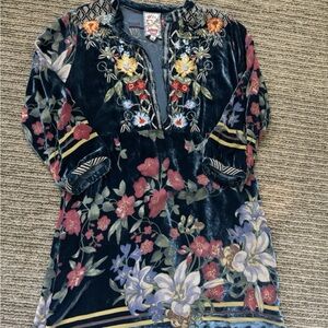 JOHNNY WAS Blue Velvet MABEL Burnout Boho Tunic Dress Size S
